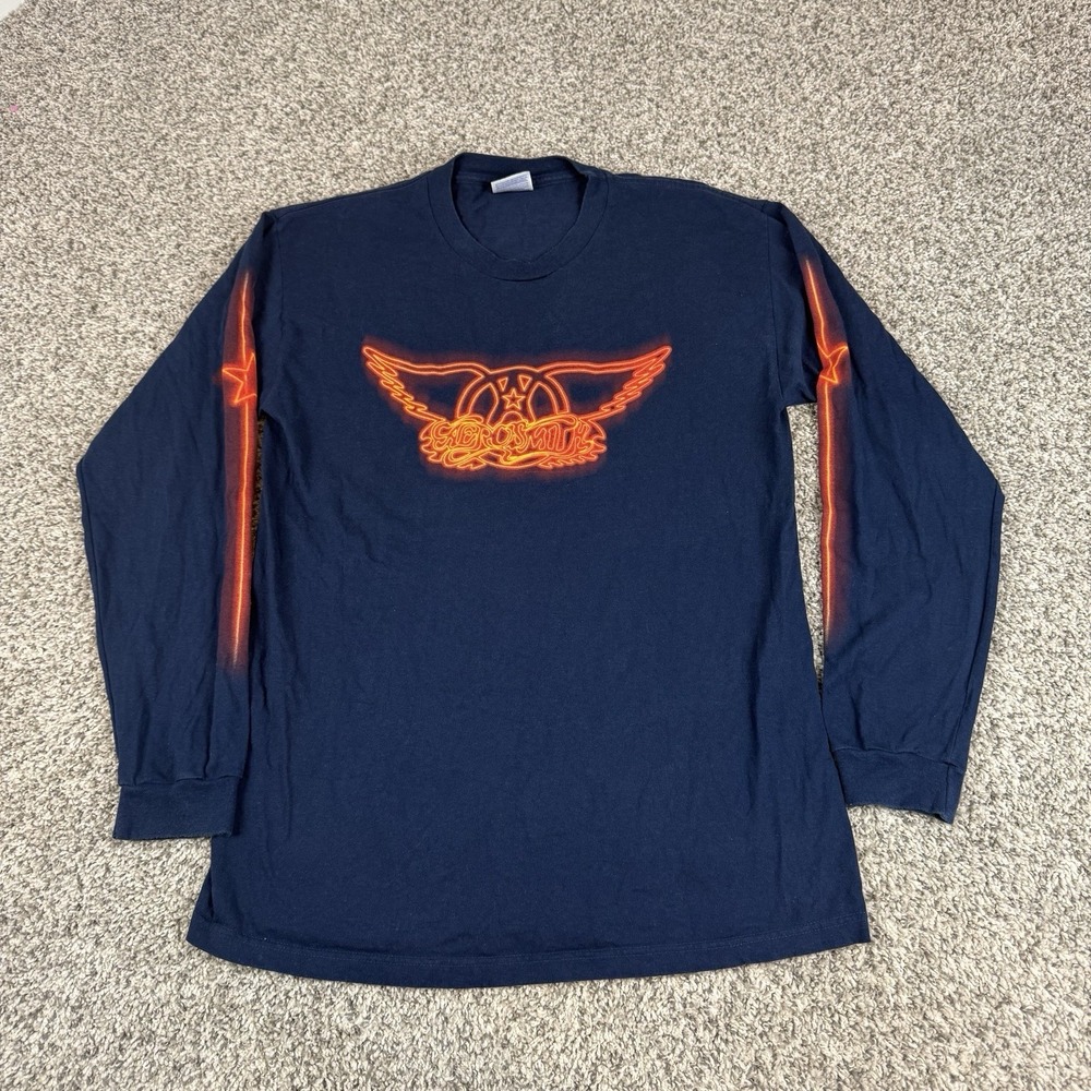 Vintage Y2K Aerosmith Shirt Mens Large Blue Orange Band Tee Long Sleeve